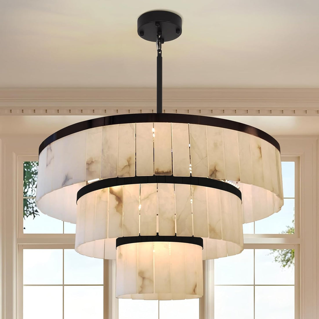 Modern 3-Tier Round Alabaster Chandelier-Black