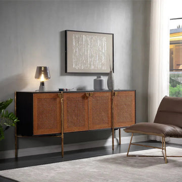 Thaddeus Metal Frame Rattan Long Side Cabinet