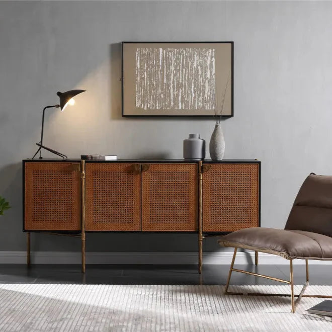 Thaddeus Metal Frame Rattan Long Side Cabinet