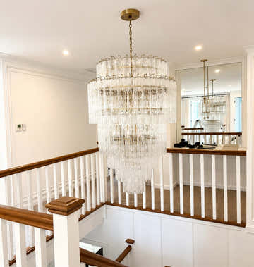 Luxury Staircase Chandelier Project | Multi-Tier Textured Glass Chandelier for a Grand Double-Height Foyer