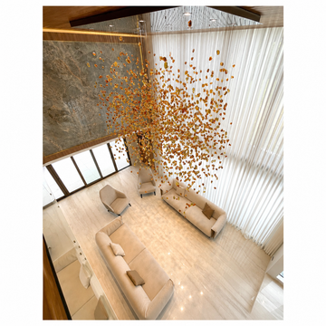 Custom Amber Glass Floating Staircase Chandelier for a Luxury Double-Height Residence