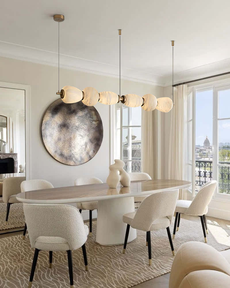 Modern Linear White Alabaster Solid Ball Thread Synthetic Shade Hanging Light for Dining