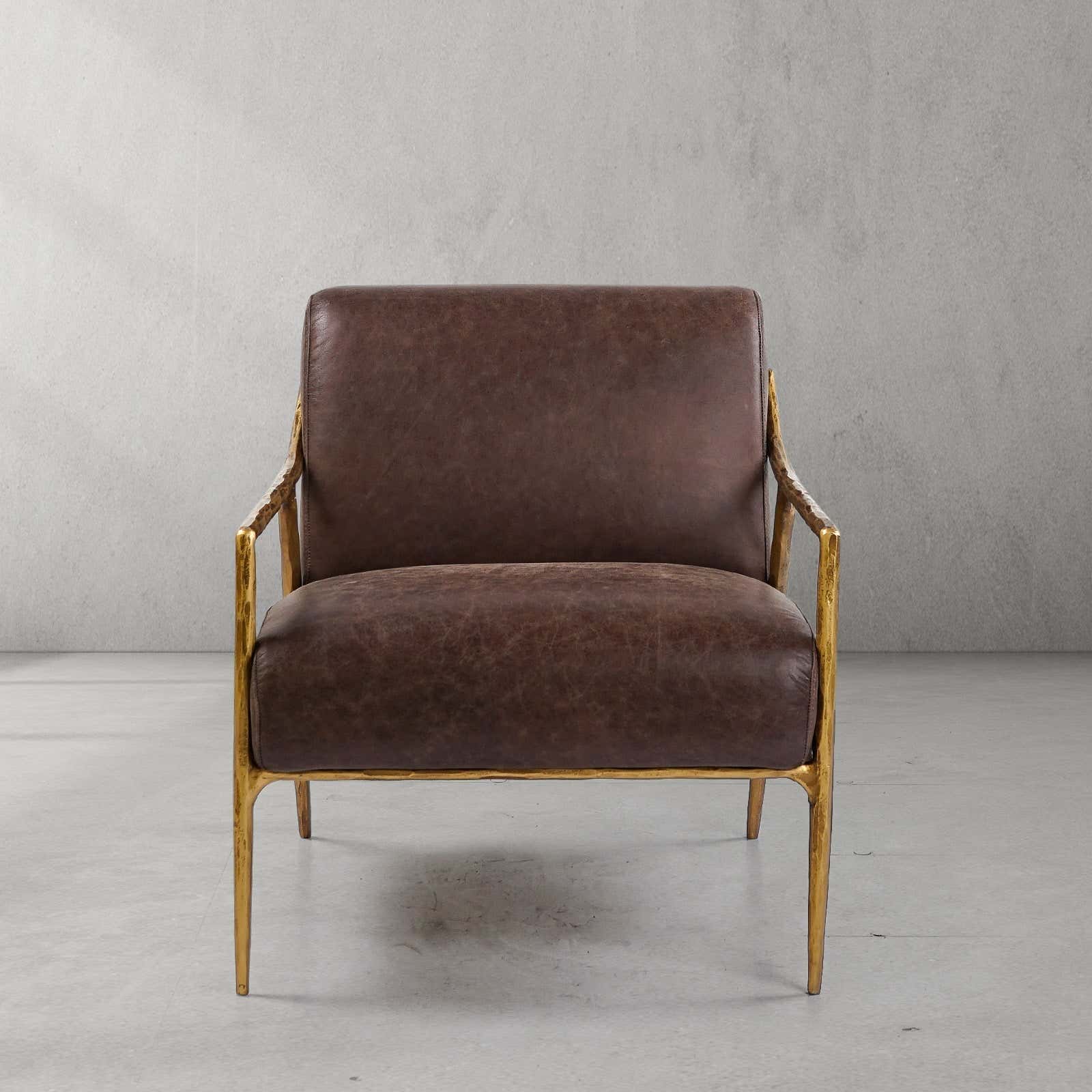 Hand-Forged Metal Brown Leather Accent Chair