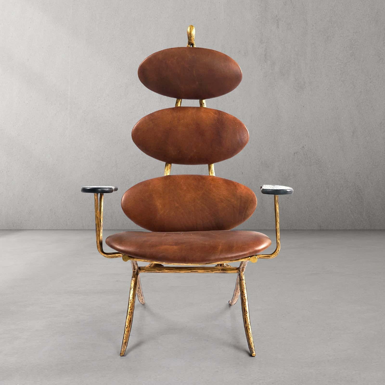 Hand-Forged Metal High Back Brown Leather Lounge Accent Chair
