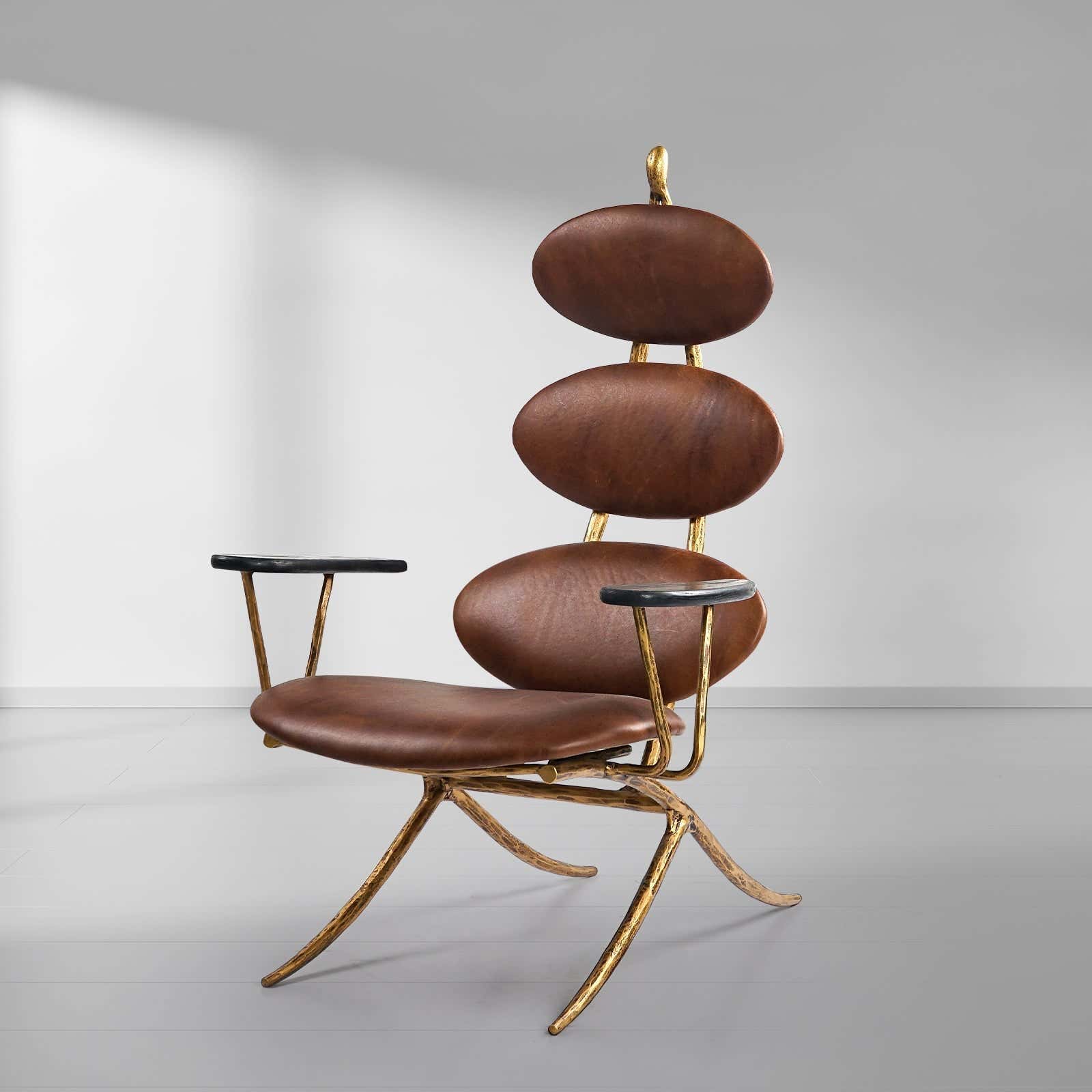 Hand-Forged Metal High Back Brown Leather Lounge Accent Chair