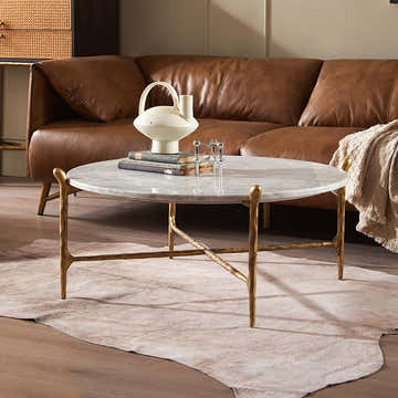 Hand-Forged Metal Round  Horn Marble Coffee Table & Side Table