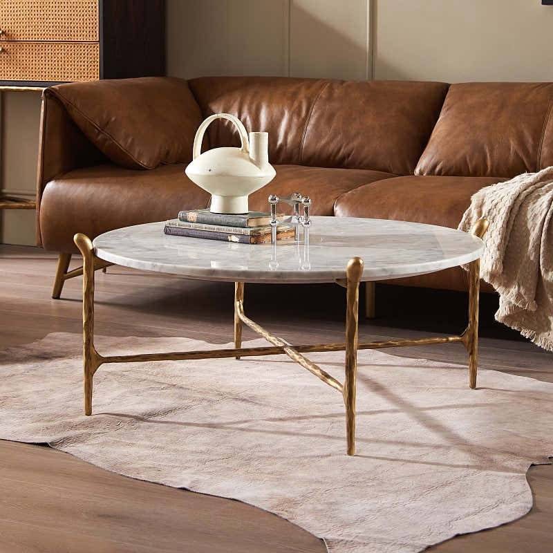 Hand-Forged Metal Round  Horn Marble Coffee Table & Side Table