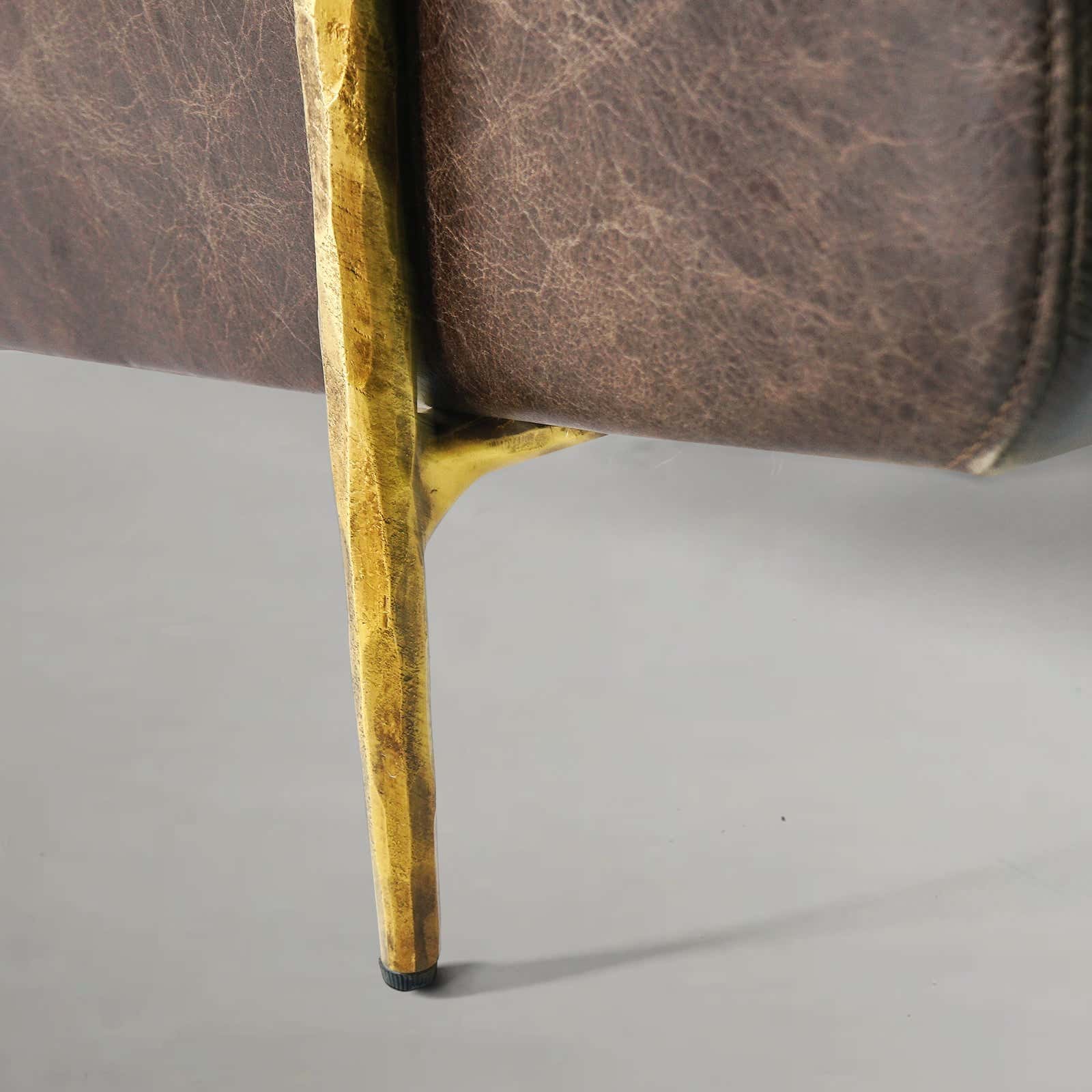Hand-Forged Metal Genuine Brown Leather Accent Chair