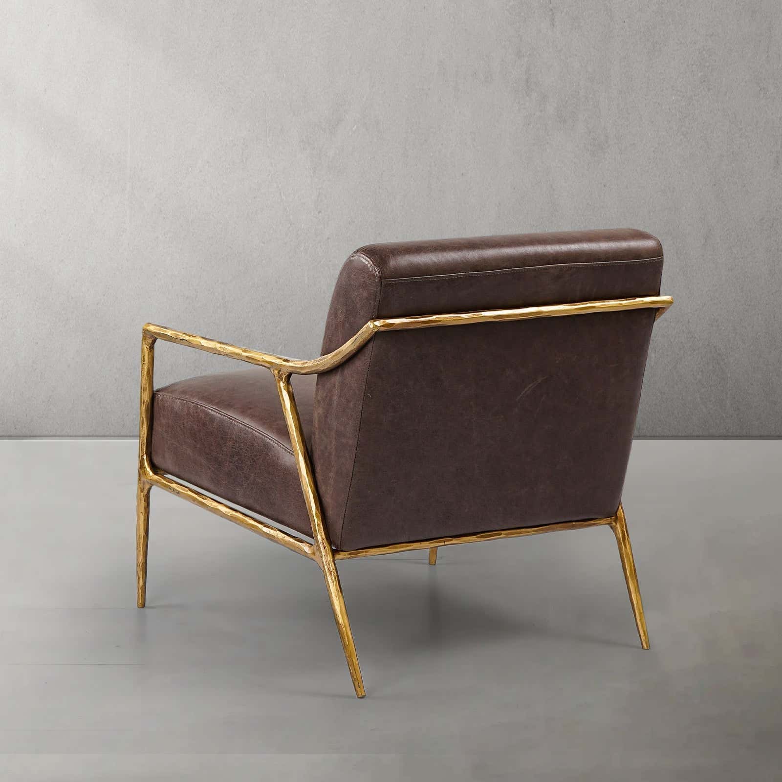 Hand-Forged Metal Brown Leather Accent Chair