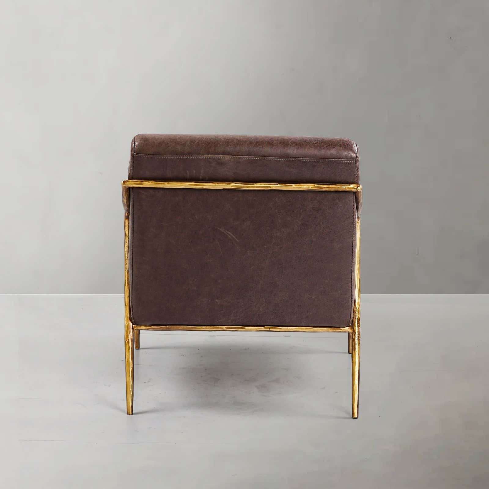 Hand-Forged Metal Brown Leather Accent Chair