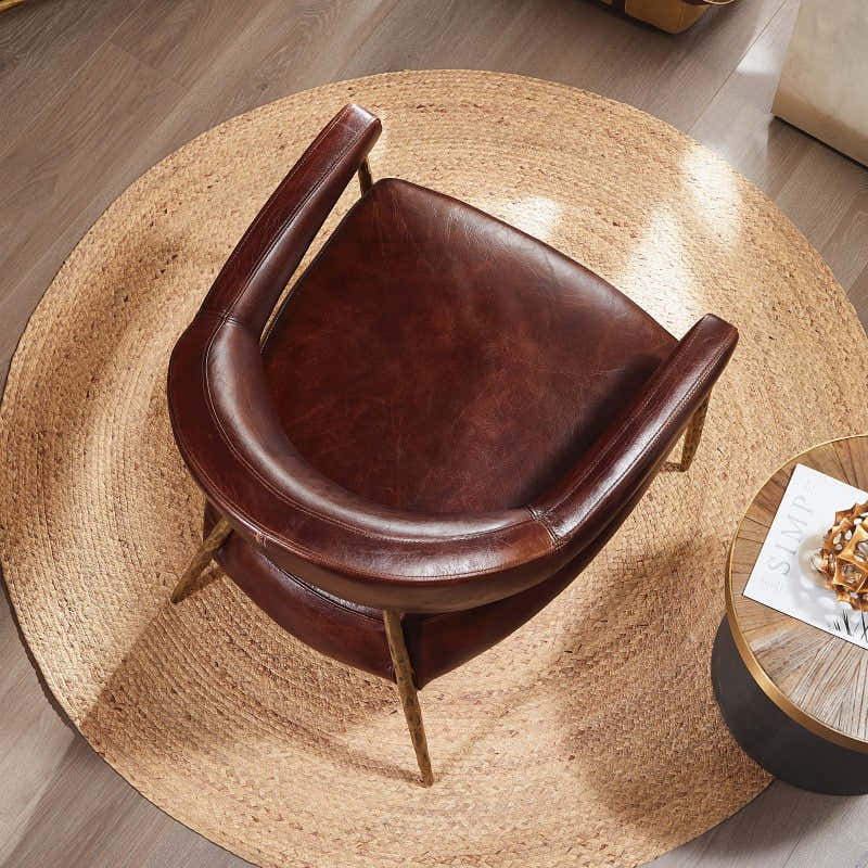 Hand-Forged Metal Brown Leather Lounge Armchair