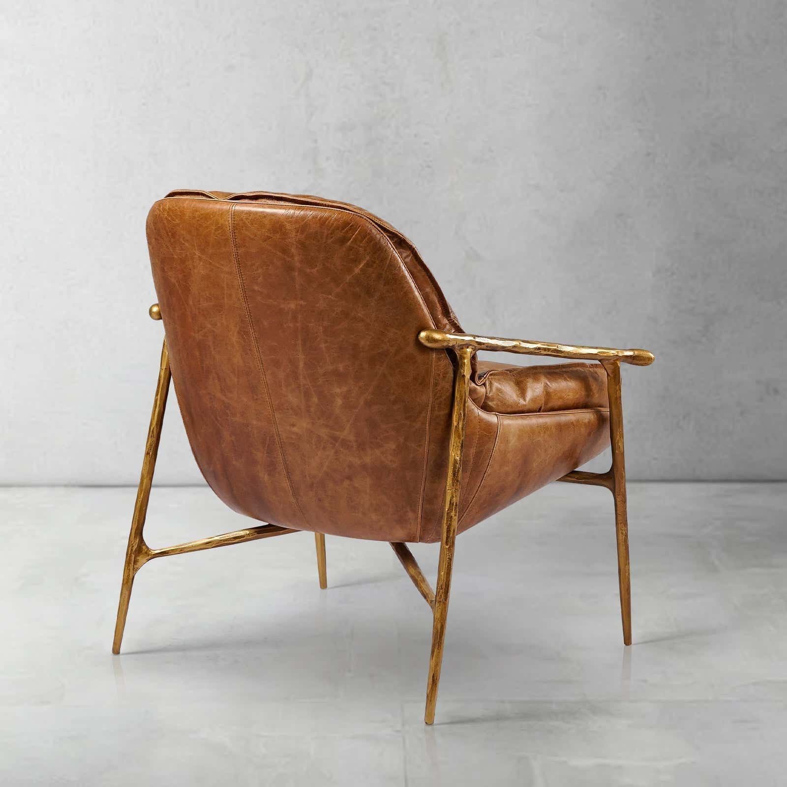 Hand-Forged Metal Brown Leather Accent Chairs