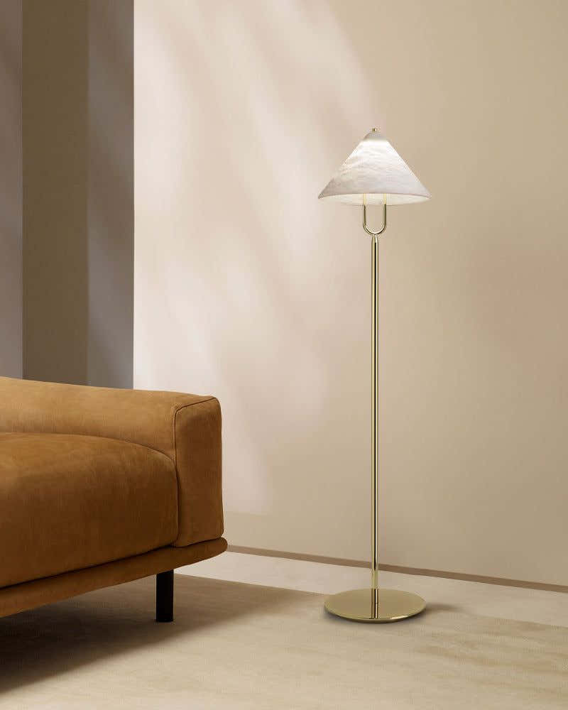 Fuji Aluminum Golden Rod LED Cone Alabaster High Floor Lamp H 55"