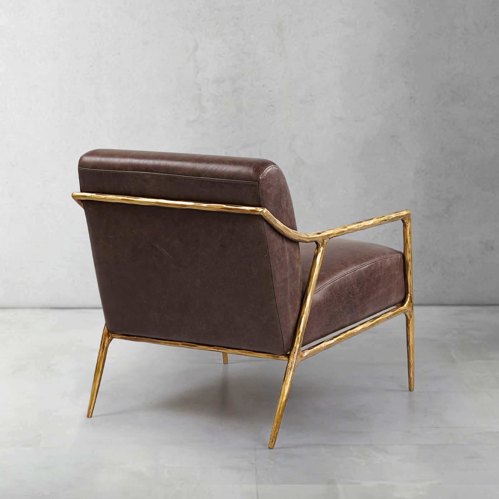 Hand-Forged Metal Brown Leather Accent Chair