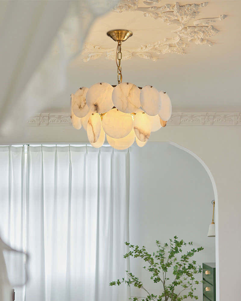 Multi layers Spanish White Alabaster Shell Marble Chandelier lamp in Brass