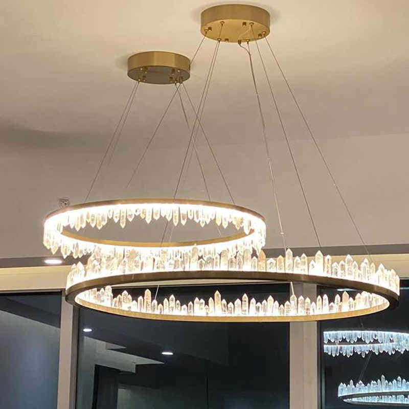 36 Inch Round Modern Chandelier Brass & Clear Geode Quartz Crystal Hanging Light