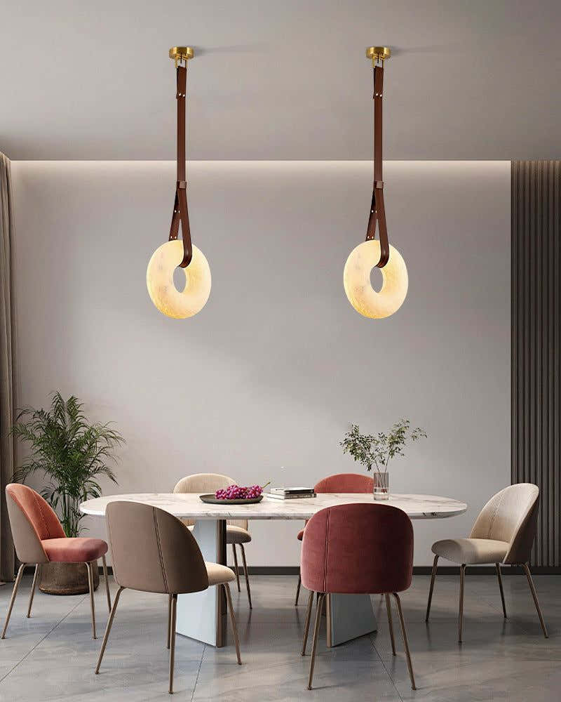 Oval Alabaster LED Large Pendant lamp with adjustable leather, Dia 16/24"