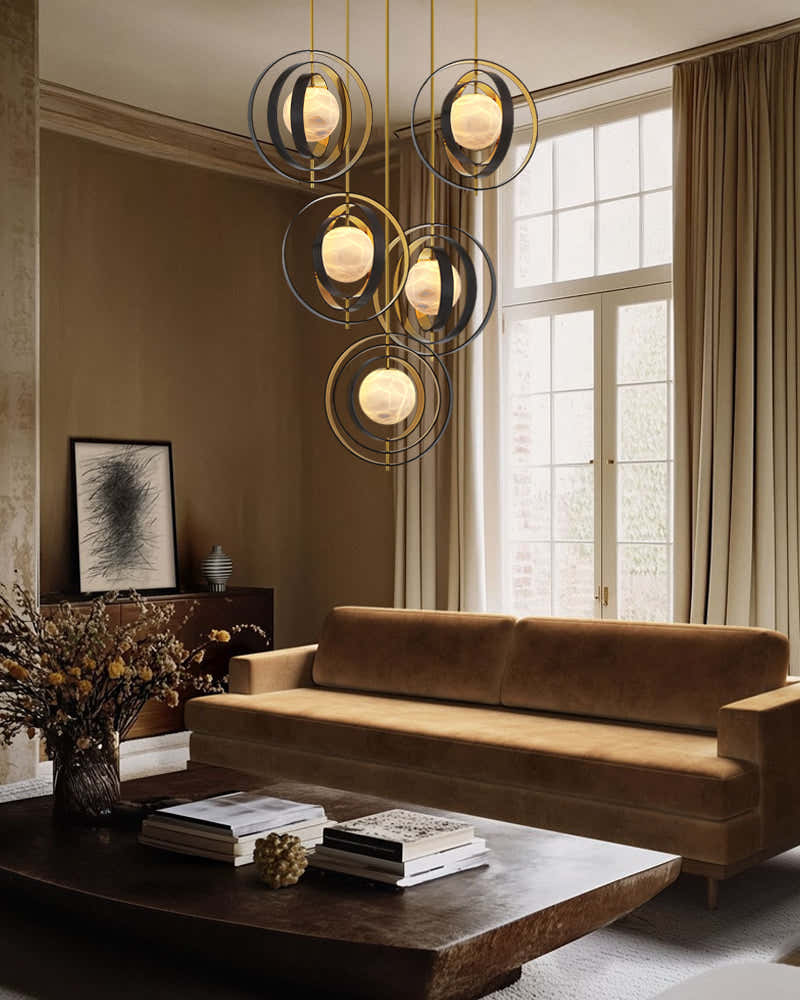 White Alabaster Round Ceiling Pendant Lamp - Gold & Bronze Rotatable Ring