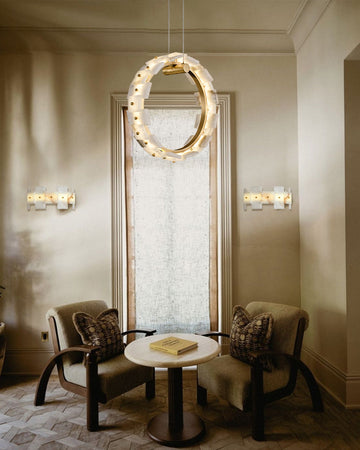 Antique Brass Ring Frame Round Halo Alabaster Modern Lighting Chandelier Wide 31"