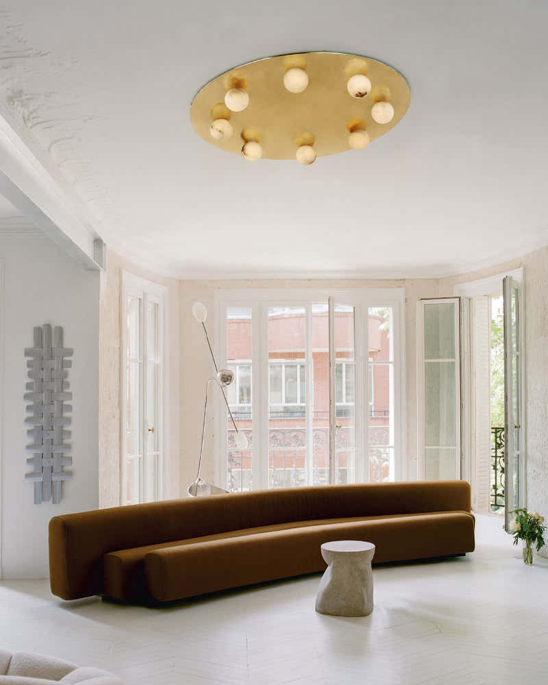 Alabaster Globes LED Disc Pendant Light in Lacquered Brass/Black Stainless Frame