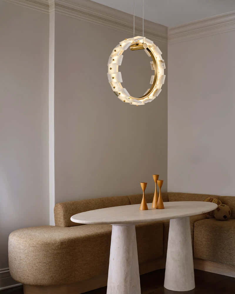 Antique Brass Ring Frame Round Halo Alabaster Modern Lighting Chandelier Wide 31"