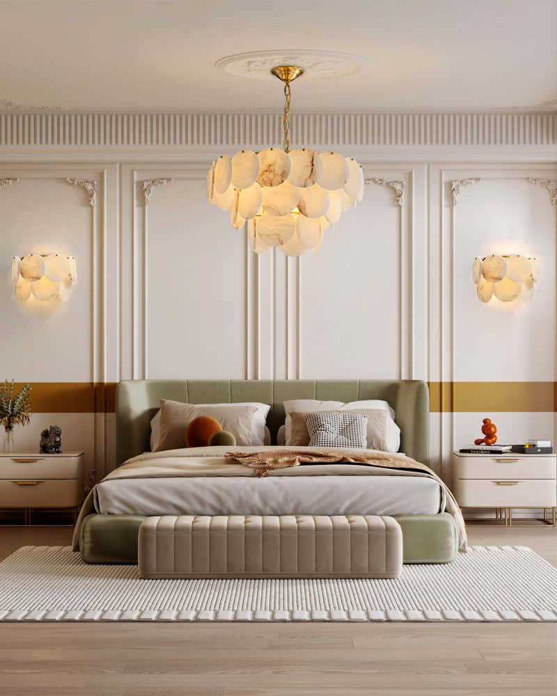 Multi layers Spanish White Alabaster Shell Marble Chandelier lamp in Brass