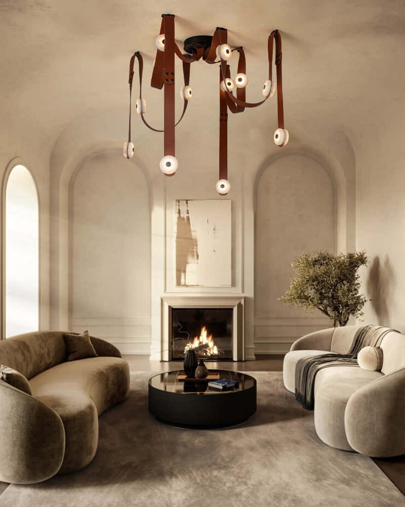 LED Mini SNAPS Module Ceiling Alabaster Pendant Light with Brown Leather Straps