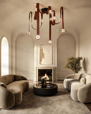 LED Mini SNAPS Module Ceiling Alabaster Pendant Light with Brown Leather Straps