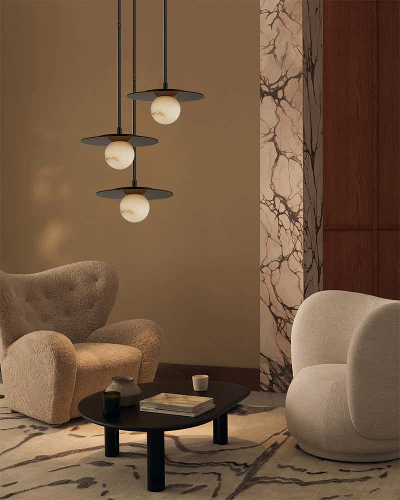 Alabaster Globes LED Disc Pendant Light in Lacquered Brass/Black Stainless Frame