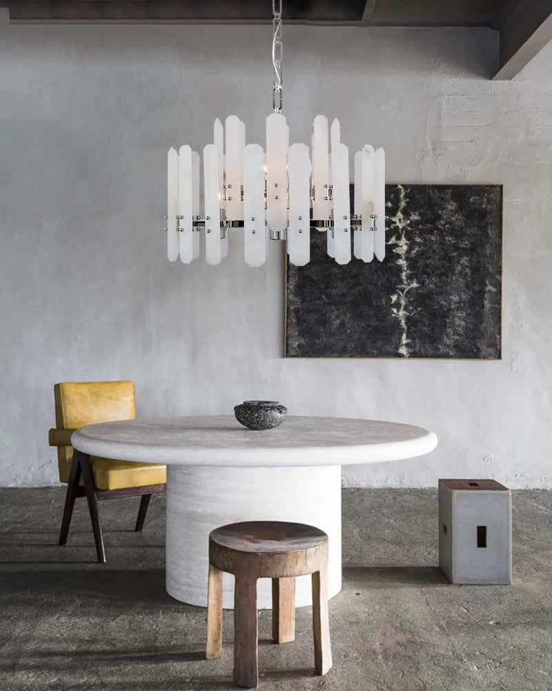 Large Alabaster Rectangular Chandelier Wide 40“ 45” with Chrome Frame for dining room