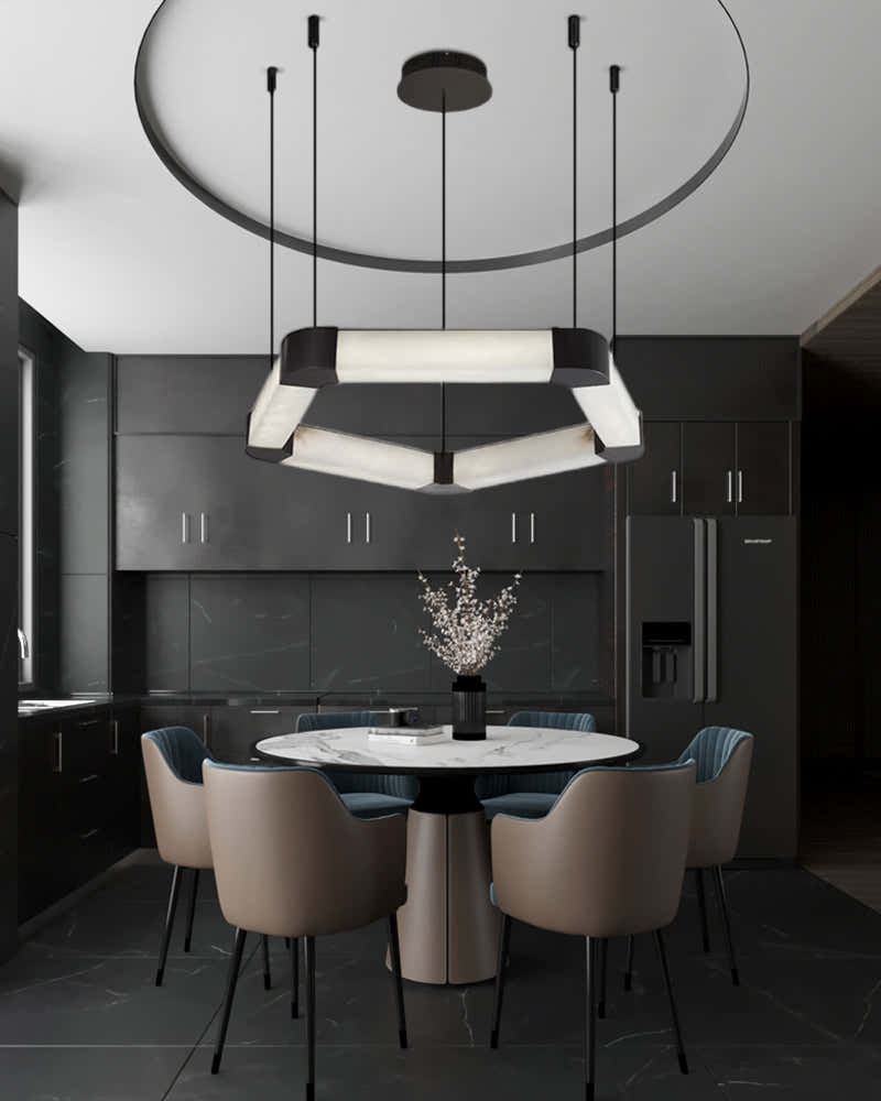 Ring lamps on string suspension in the form of pentagons made of Spani ...