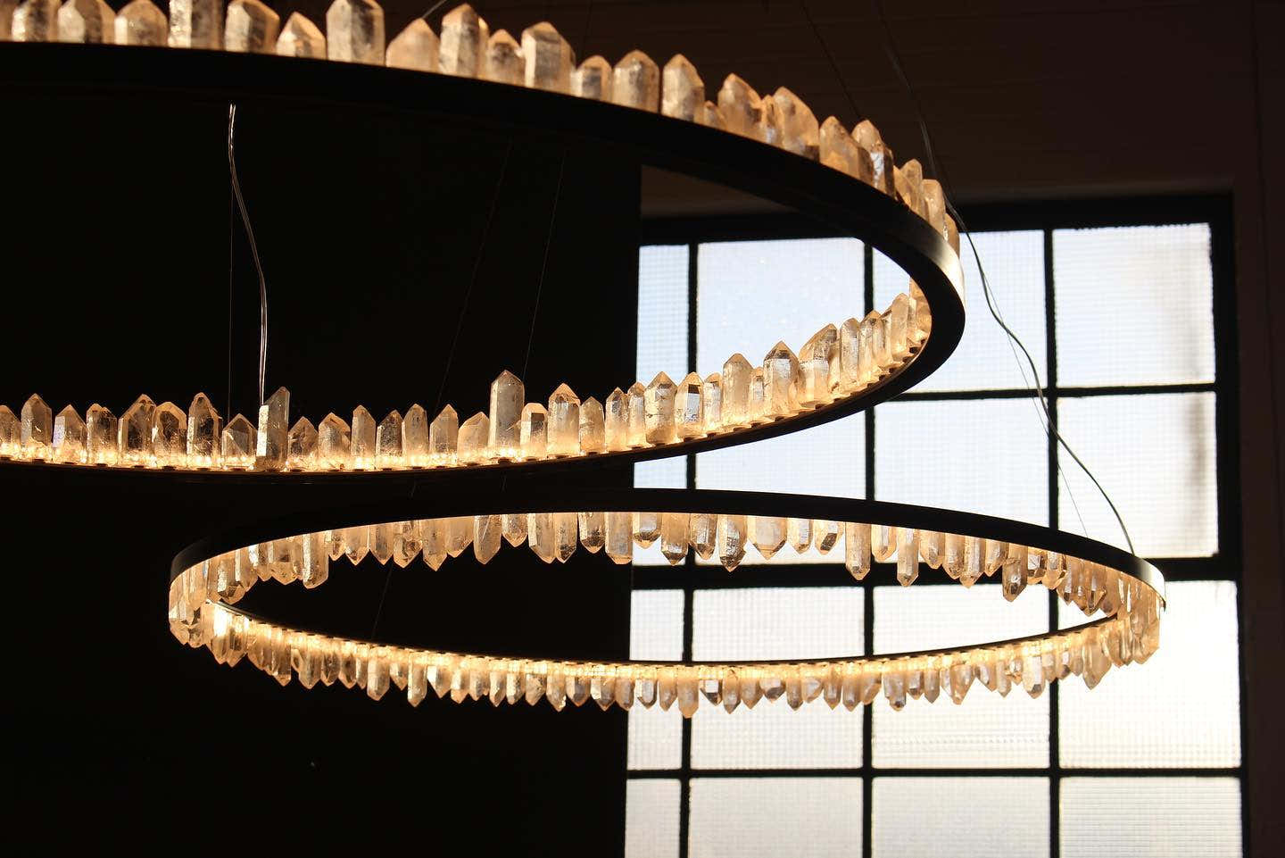36 Inch Round Modern Chandelier Brass & Clear Geode Quartz Crystal Hanging Light