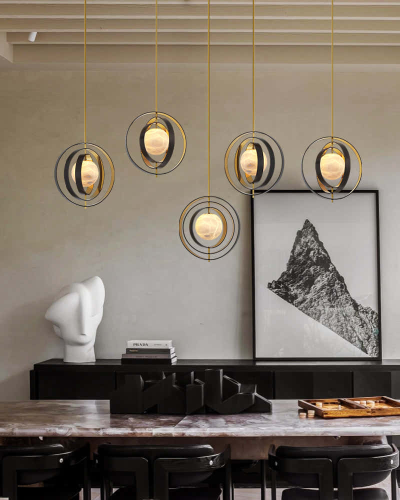 White Alabaster Round Ceiling Pendant Lamp - Gold & Bronze Rotatable Ring