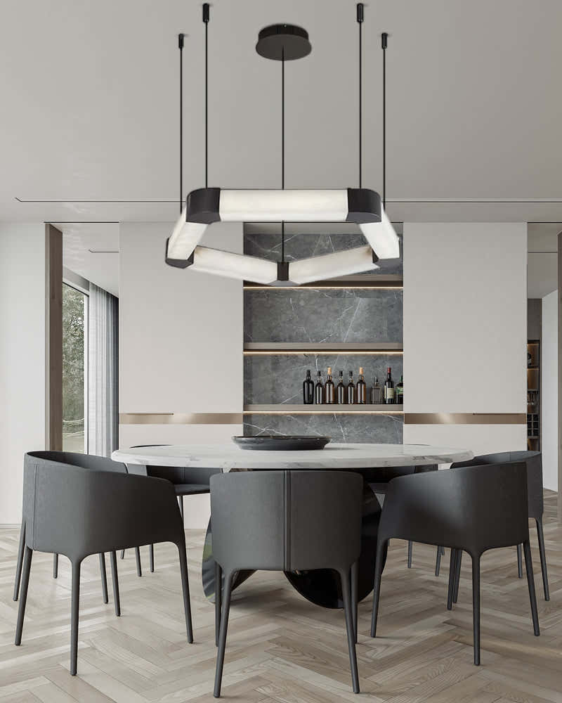 Ring lamps on string suspension in the form of pentagons made of Spani ...