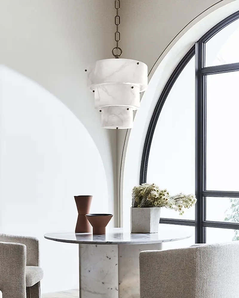 3 Tier White Round Alabaster Chain Pendant Light Fitting in Brass 10in