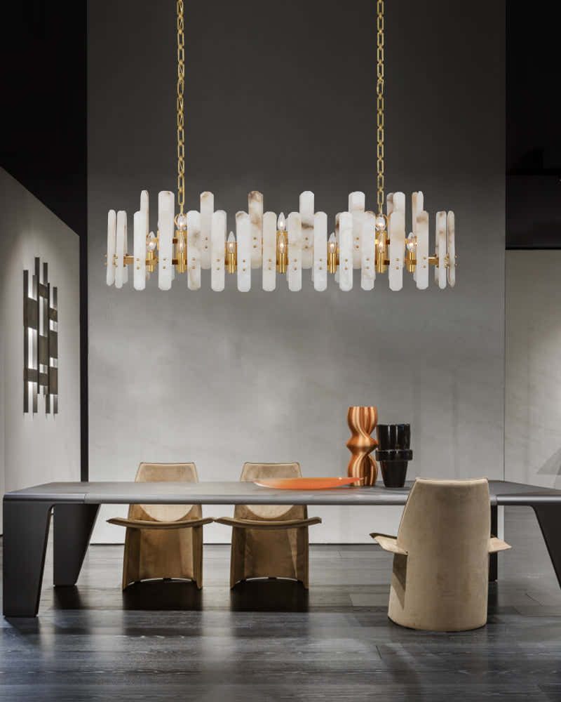 Large Alabaster Rectangular Chandelier Wide 40“ 45” with Chrome Frame for dining room