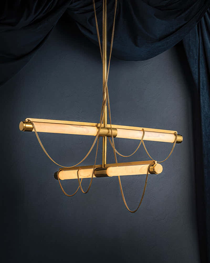 LED Tubular Alabaster Shades Ceiling Pendant Lamp 49" with long chains | Brass
