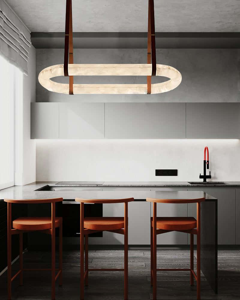 Oval Alabaster LED Large Pendant lamp with adjustable leather, Dia 16/24"
