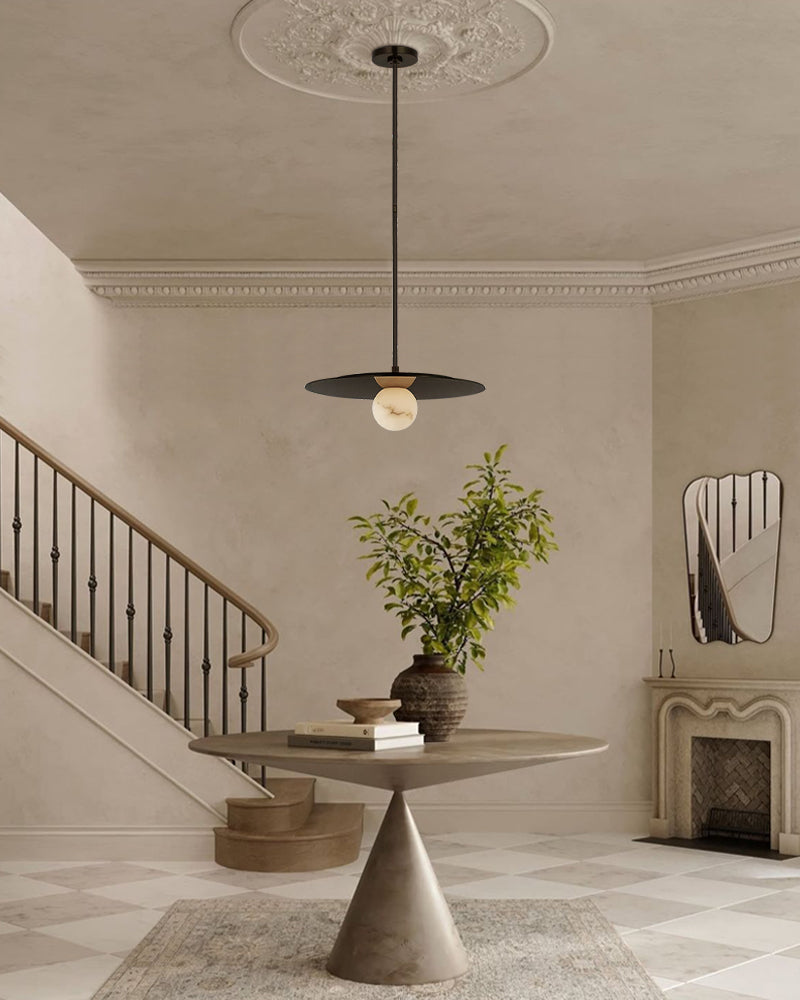 Alabaster Globes LED Disc Pendant Light in Lacquered Brass/Black Stainless Frame