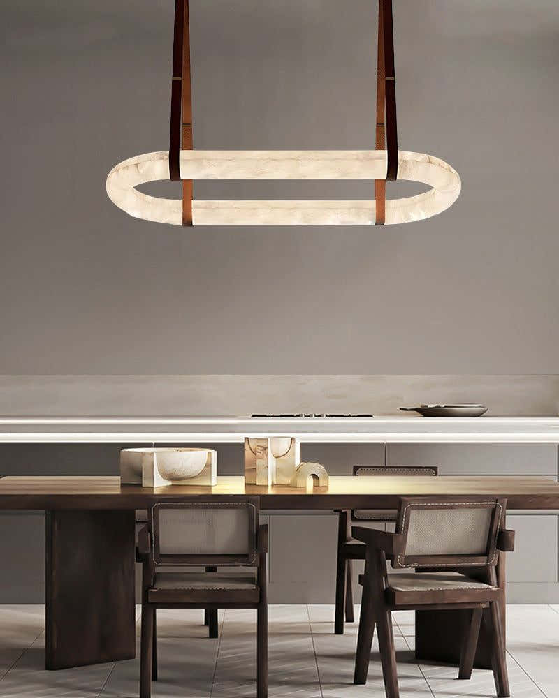 Oval Alabaster LED Large Pendant lamp with adjustable leather, Dia 16/24"