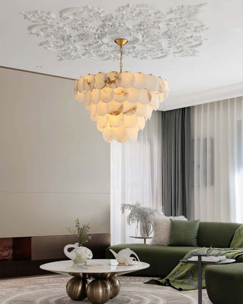 Multi layers Spanish White Alabaster Shell Marble Chandelier lamp in Brass