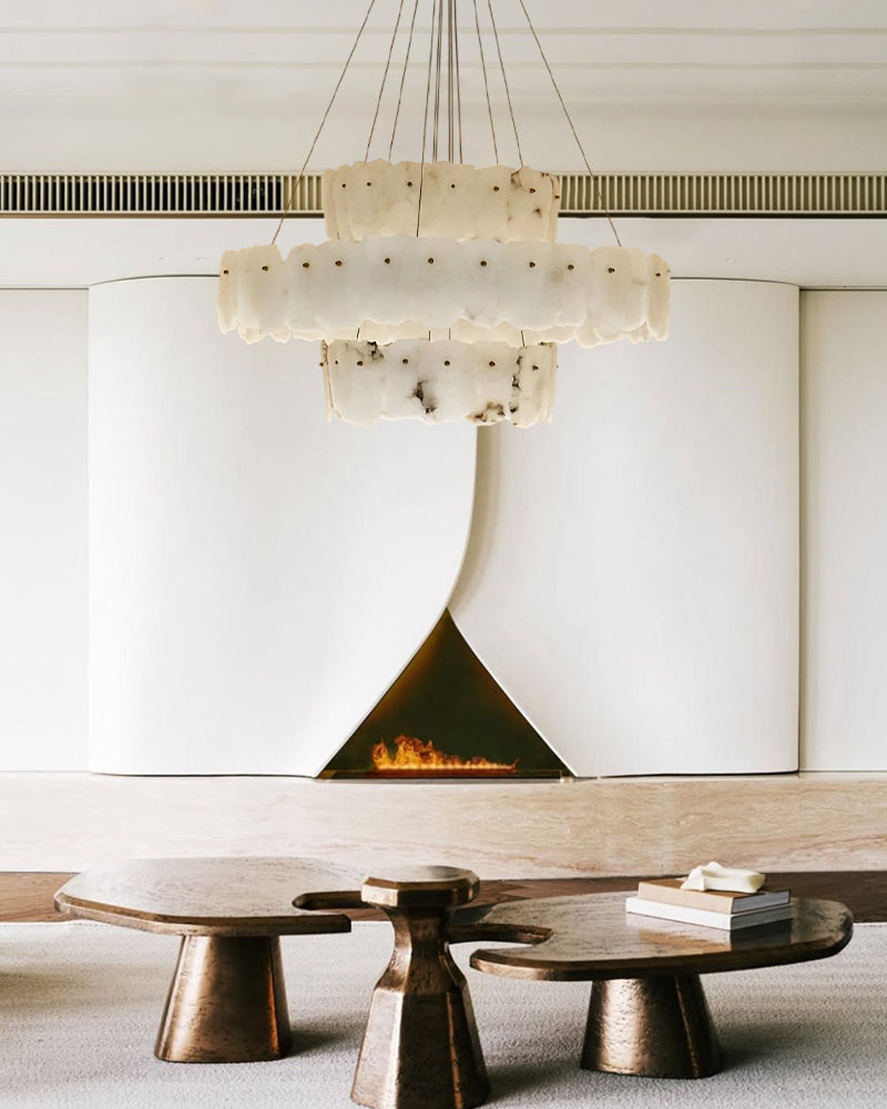 3-tiered stairwell chandeliers | irregular alabaster plate in disk ceiling with long cord