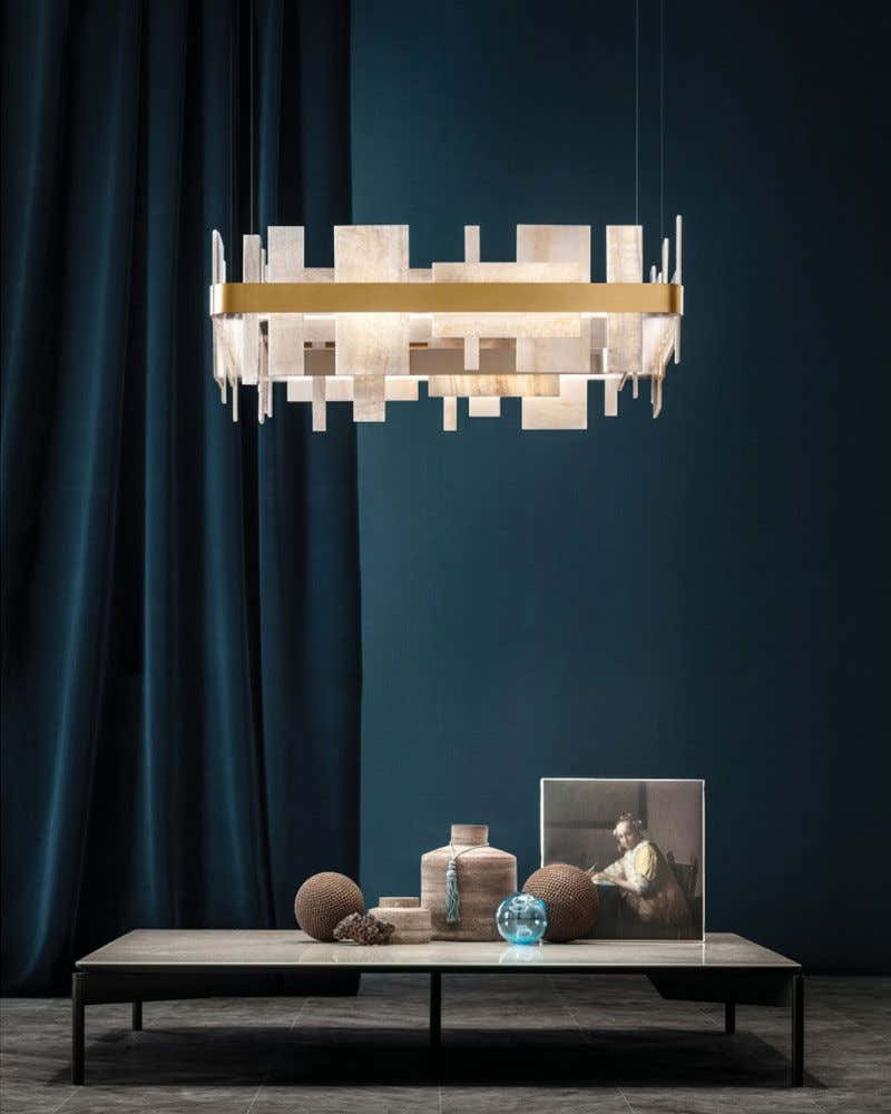 Long Cord Alabaster Ceiling Pendant Light Brushed Gold