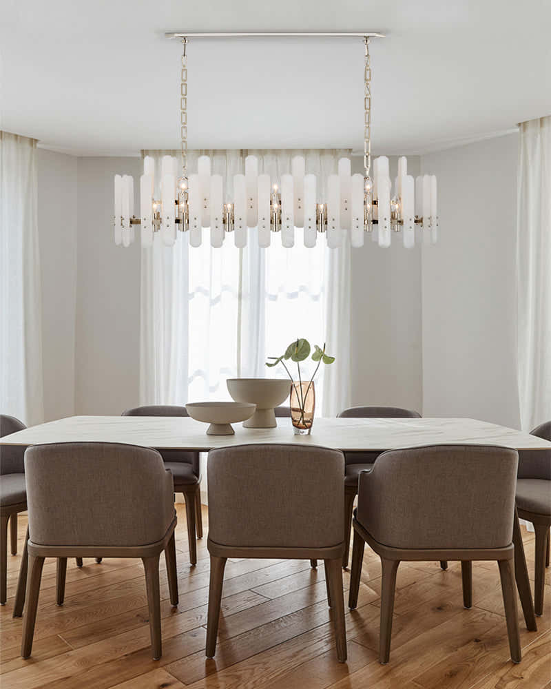 Large Alabaster Rectangular Chandelier Wide 40“ 45” with Chrome Frame for dining room