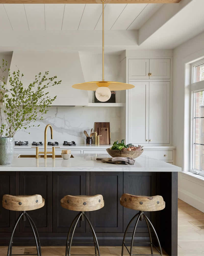 Alabaster Globes LED Disc Pendant Light in Lacquered Brass/Black Stainless Frame