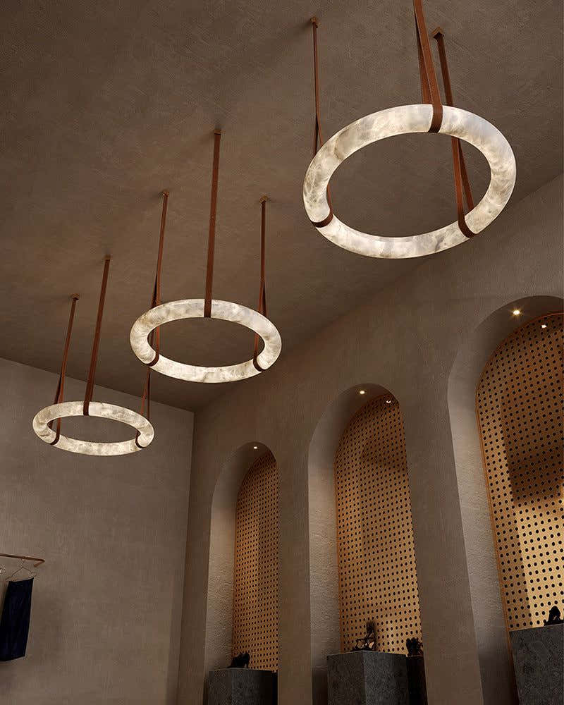 Oval Alabaster LED Large Pendant lamp with adjustable leather, Dia 16/24"