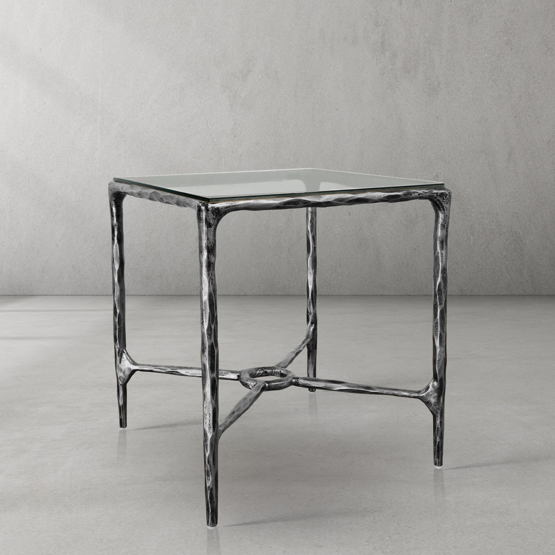 Hand-Forged Metal Glass Square Side Table Overhang O
