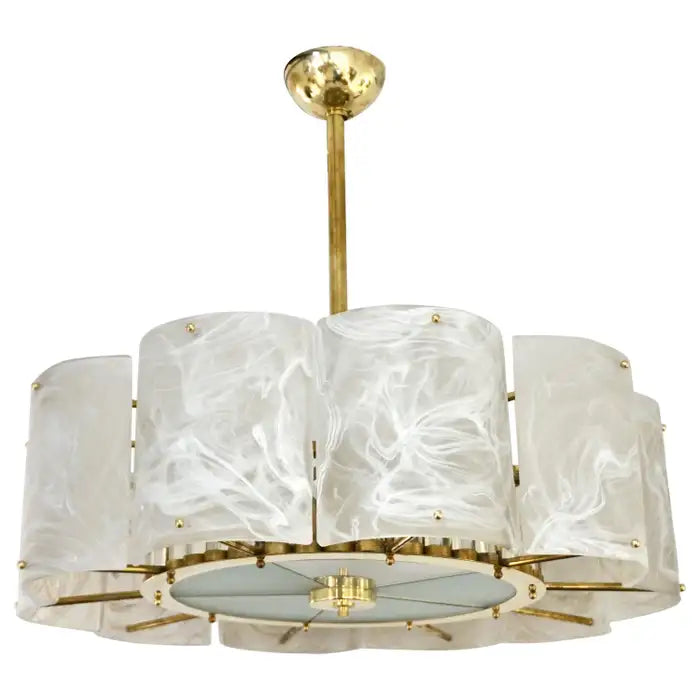 Bespoke Italian Alabaster White Murano Glass Brass Round Chandelier / Flushmount