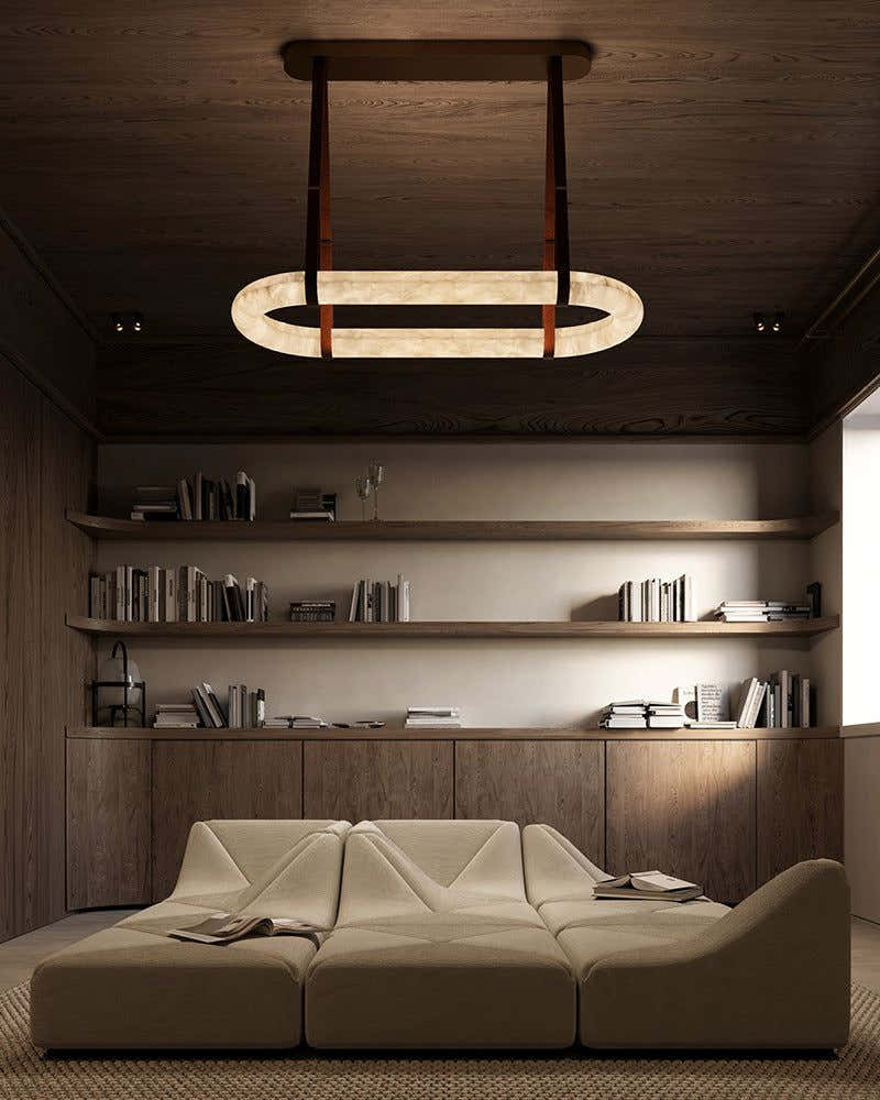 Round LED White Marble Pendant lamp with adjustable leather, Dia 12/16"