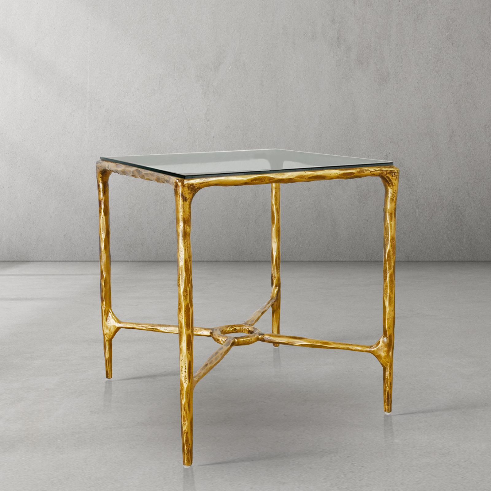Hand-Forged Metal Glass Square Side Table Overhang O